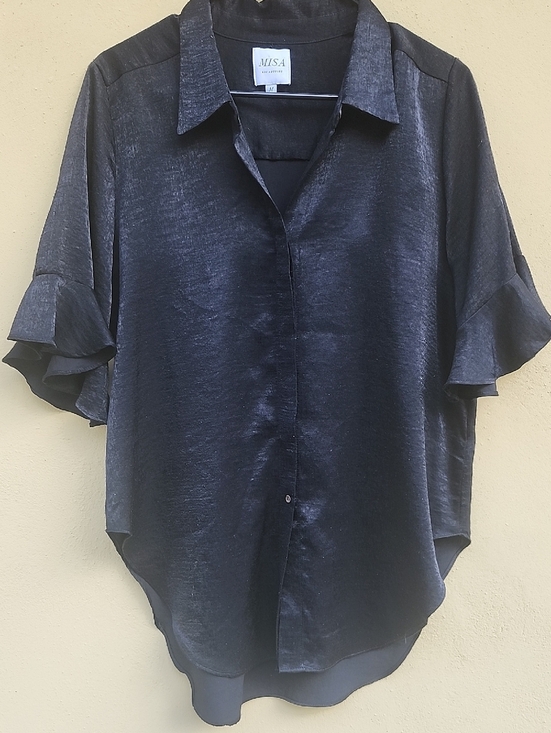 Misa Los Angeles Tops - Misa Los Angeles Black Satin Shirt With Flight Sleeves and Asymmetry